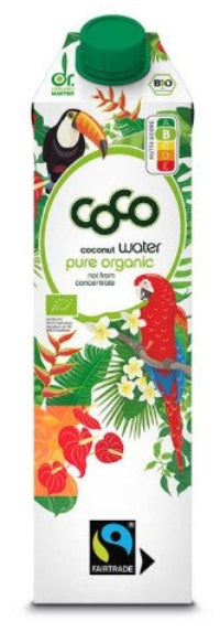 Coconut water carton with colorful label featuring tropical animals and plants on a white background
